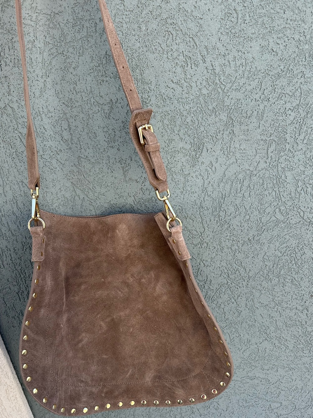 Brown Suede Crossbody Bag with Stud Trim